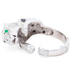14K White Gold 1.64ctw Diamond & Emerald Panther Ring Retail $14,299 Size 7.5