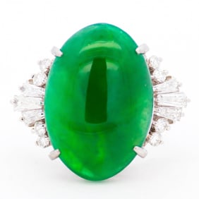 Platinum 900 7.60ct Jade 0.40ct Diamond Ring – Size 5.25