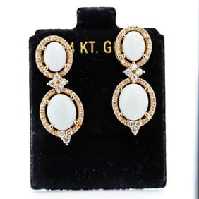 14K Yellow Gold Hollywood Glam 4.35ct Opal 0.92ct Diamond Earrings – Double Halo Drop, Retail