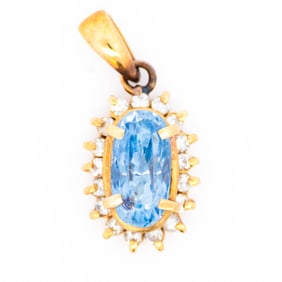 18K Yellow Gold Sapphire 1.70ct Diamond 0.18ct Pendant – Oval Cluster, 18 × 9 mm