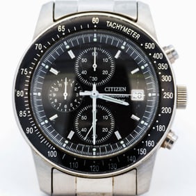 Citizen Chronograph Stainless Steel Black Dial Watch – Tachymeter Bezel, 40 mm