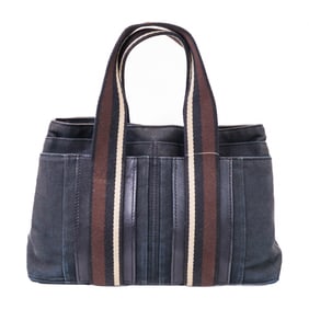 Hermes Troca Horizontal PM Canvas Tote Bag Black with Brown Striped Handles