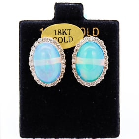 18K White Gold 11.02ct Opal 1.17ct Diamond Earrings – Halo Drop, 15 × 20 mm