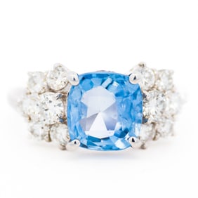 Platinum 900 0.97ctw Diamond 3.28ct No Heat Sapphire Cushion Cut GIA Cocktail Ring 5.75