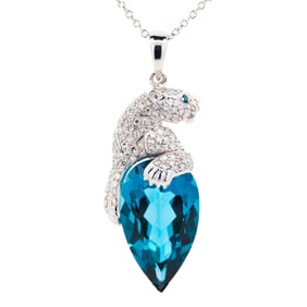 14K White Gold Diamond Panther 13.50ct London Topaz Pendant Necklace 18" Retail $6,799.00