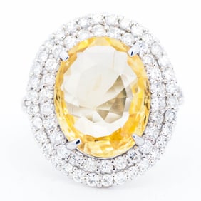 Platinum 950 1.69ctw Diamond 10.26ct Sri Lanka No Heat Yellow Sapphire GIA#7496033164 Size 7