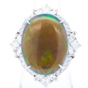 Platinum 900 16.29ct Black Opal & 2.14ctw Diamond Cocktail Ring size 6.25
