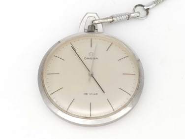 Stainless Steel Omega De Ville Pocket Watch – Manual Wind, White Dial 44mm