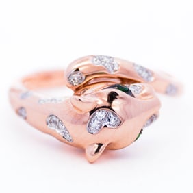 14K Rose Gold 0.11ct Diamond 0.04ct Tsavorite Garnet Panther Ring – Size 7