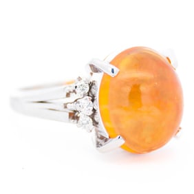 Platinum Fire Opal & Diamond Cocktail Ring, Size 5