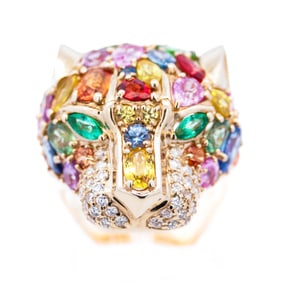 14K Yellow Gold 9.04ctw Multicolor Sapphire Panther Ring Size 7 Retail $16,829