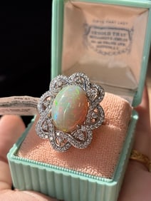 18K White Gold 9.14ct Ethiopian Opal & 1.69ctw Diamond Ring, Size 7 WG Ashen Orion Opal and Diamond