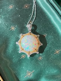 18KYG/WG 11.54ct Ethiopian Opal with Natural Yellow and White Diamond Enhancer Pendant with 18"