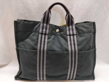 Hermes Fourre Tout MM Canvas Tote Bag – Black with Grey Stripes