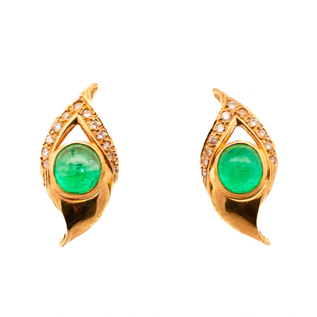 18KYG Art Nouveau Revival Cabochon Emerald Diamond Earrings – Leaf Motif, 25 × 11.5 mm (1 of 4)