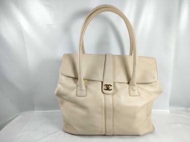 Chanel Turn Lock Flap Executive Tote Bag Caviar Skin Beige CC