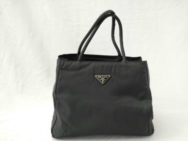 Prada Nylon Tote Bag in Black Enamel Triangle Logo