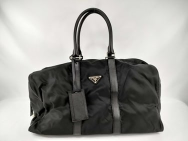 Prada Tessuto Nylon Duffle Bag in Black w/ Leather Trim and Silver Hardware 45cm