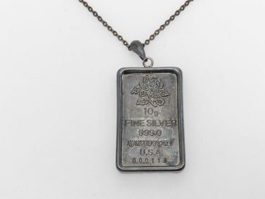 Pure Silver Ingot Necklace 13.3 g Rectangular Bar Pendant 45cm