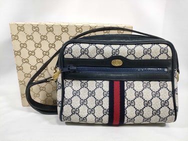 GG Supreme Monogram Textured Dollar Calfskin Web Mini Ophidia Shoulder Bag Beige Blue