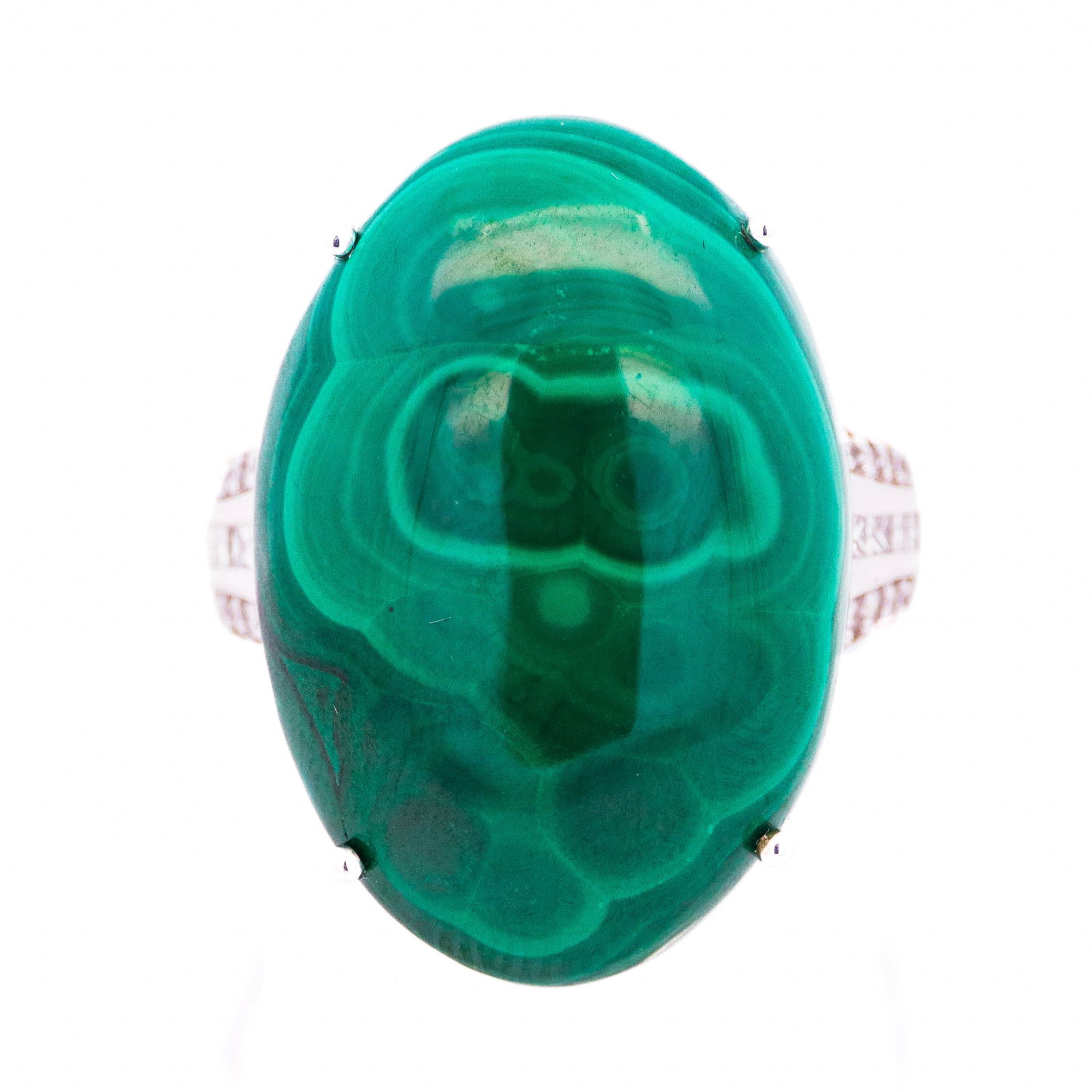 Magical 18KWG Malachite & Diamond Ring, Size 7: Harry Potter-esque Malachite and diamond ring in 18k white gold. You have to admit this thing looks like it could cast spells for you. So large, round and swirly. Looks like a portal to another world.