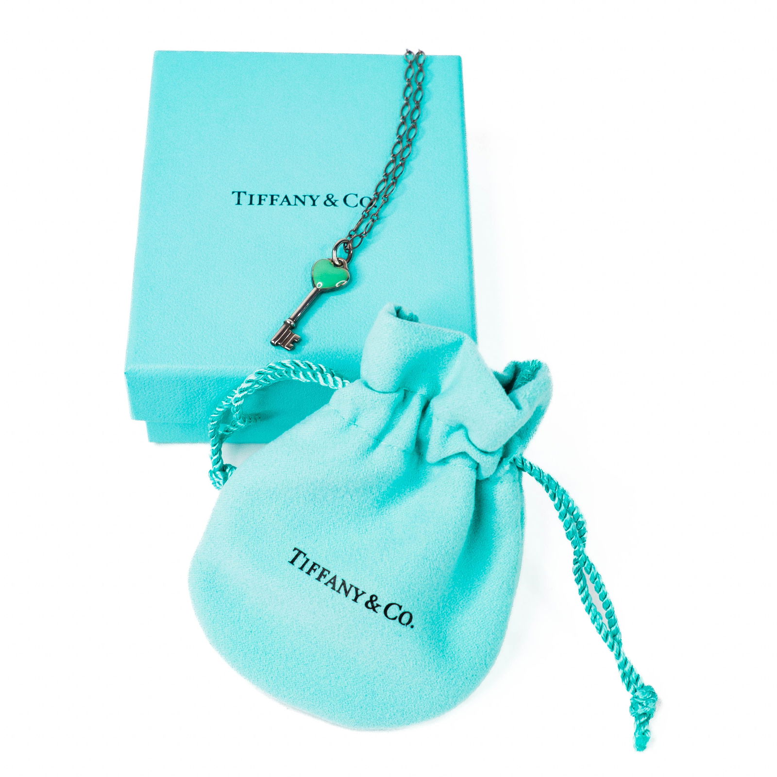Tiffany & Co. 925 Enamel “Keys?? Heart-Key Pendant Necklace 18" w/Box & Pouch (1 of 5)