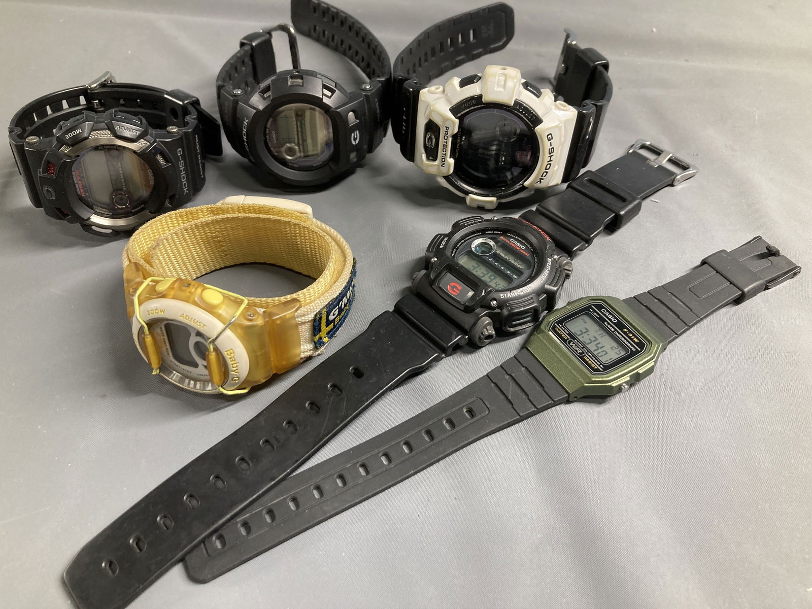Casio G-Shock & Baby-G Digital Watch Lot – 6 Pieces, Assorted Models: A mixed lot of six vintage and modern Casio digital watches, primarily G-Shock models, all untested and sold as-is. These range from early 1990s through mid-2010s examples, including both standard and