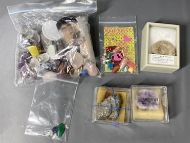 Mixed Mineral, Fossil, and Gemstone Lot – Amethyst, Pyrite, Rose Quartz, and Assorted Cabochons