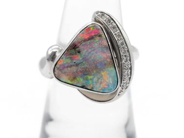 Platinum 3.42ct Boulder Opal & Diamond Ring Size 6.25