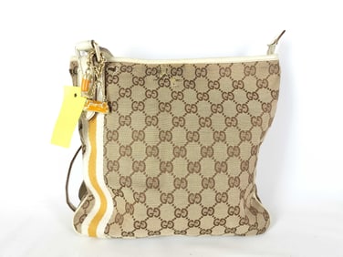 Gucci GG Canvas Shoulder Bag with Cute Gucci Charm Accessories Attached , White & Yellow Stripe