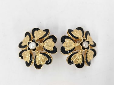 Chanel Enamel Heart Flower Earrings Gold and Black Enamel with Costume Pearl