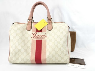 Gucci GG Canvas & Leather Speedy Bag Cream with Red & Pink Stripe