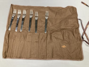 Hermes Paris Stainless Steel Fork Set with Original Felt Roll Case – Set of 6