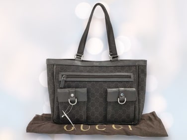 GUCCI Logo Abbey GG Pattern Shoulder Tote Bag Nylon Leather Black
