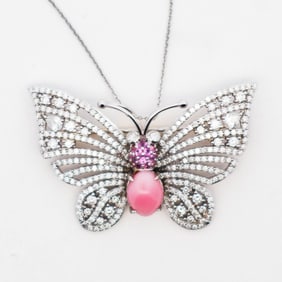 18KWG 1.44ct Pink Conch Pearl & 1.55ctw Diamond Butterfly Brooch/Pendant with 18" Chain