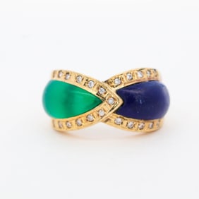 18KYG 1970s Lapis & Green Chalcedony Diamond Bypass Ring, 6.5
