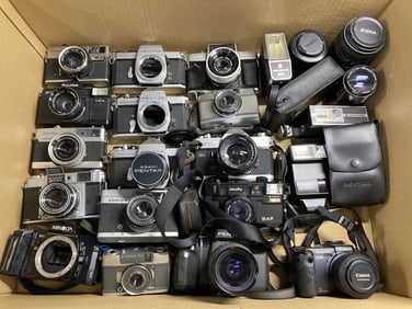 20 + Vintage Film Camera & Lens Lot – Canon, Pentax, Minolta, Fujica, Konica, Olympus, Canon FD