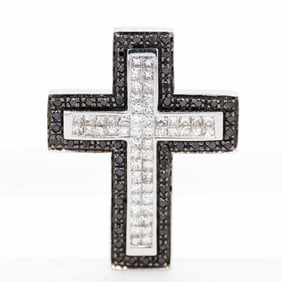 18K White Gold 11.2g 2.00ctw White & Black Diamond Cross Pendant