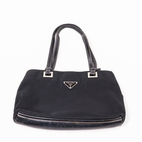 Prada Nylon and Leather Mini Tote – Black Triangle Logo Bag 10"
