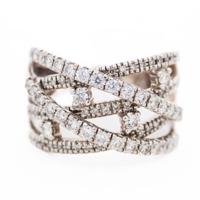 14K White Gold 1.00ct Natural Diamond Crisscross Ring, Size 7.5