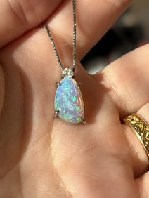 Vibrant Cabochon Opal & Diamond Pendant Necklace in Platinum 16"