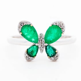 14KYG 1.10ctw Emerald and Diamond Butterfly Ring, Size 7.25