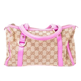 Gucci GG Canvas 130942 Handbag Brown Canvas Pink Leather Trim