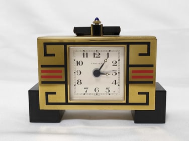 Cartier Garusha Table Clock Brass and Enamel w/Box & Paperwork