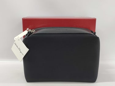 Salvatore Ferragamo Black Leather Zip Pouch with Box (Unused)