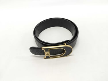 Dior Black Lizard-Embossed Leather Belt with Gold “D?? Logo Buckle
