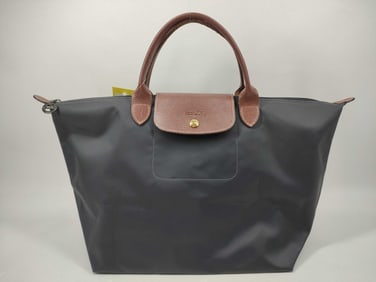 Longchamp Le Pliage Grey Nylon Tote with Brown Leather Trim