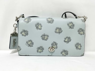 Coach Floral Embossed Shoulder Bag Light Blue Calfskin