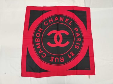 Chanel “31 Rue Cambon Paris?? Black and Red Silk Logo Scarf