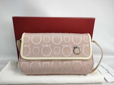 Salvatore Ferragamo Beige Canvas Gancini Shoulder Bag with Ivory Leather Trim